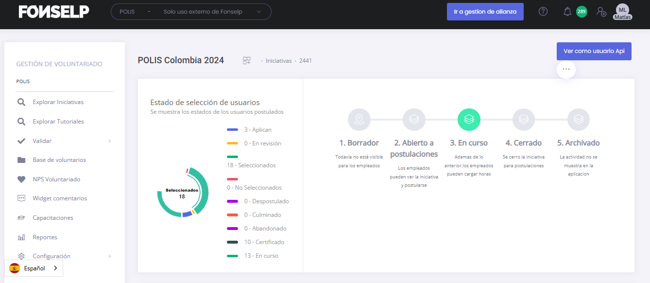 Panel de administración de Fonselp mostrando gestión de voluntariado