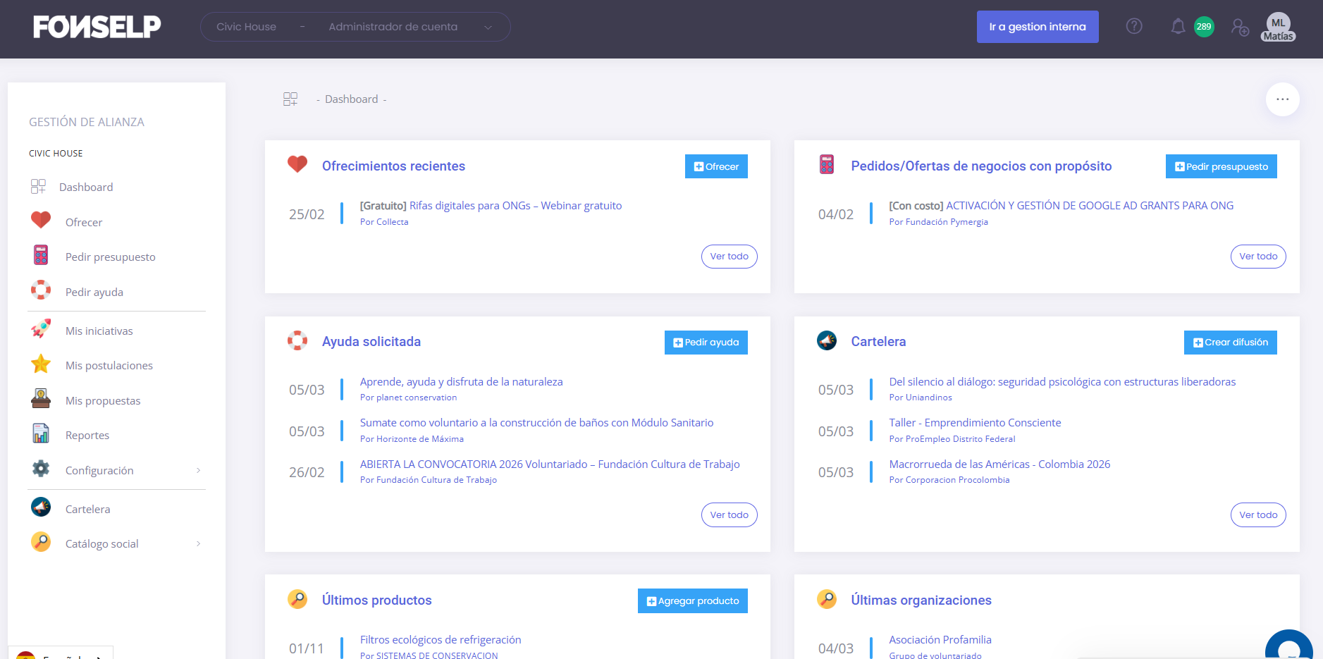 Dashboard de la Plataforma de Alianzas FONSELP - Panel de gestión con ofrecimientos, pedidos, ayuda solicitada y cartelera